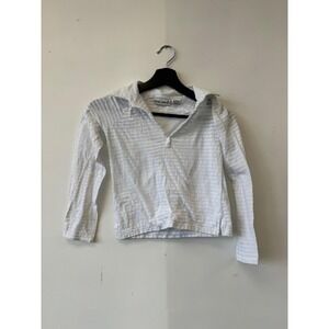 Vintage Energie Shirt Medium White Collared V-Neck Zip Long Sleeve Stripe Y2K